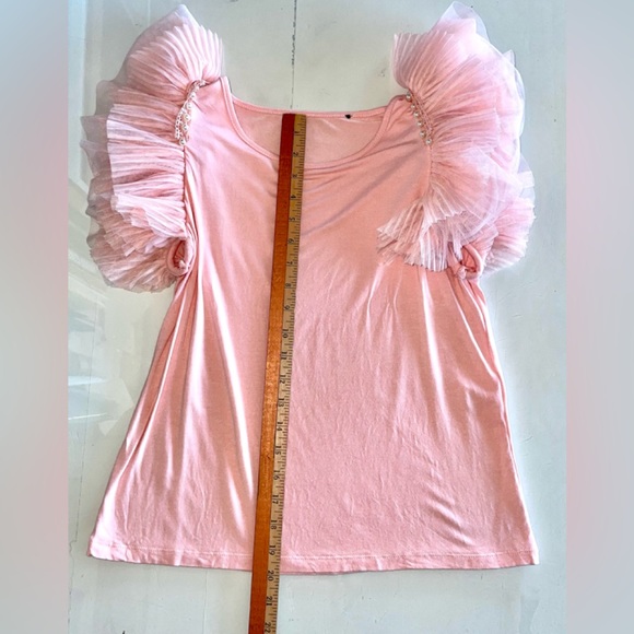 LAST SALE PRICE TOP FROTHY PLEATED LAYERS TULLE SLEEVE ROSE SIZE SMALL STRETCH - Picture 9 of 13